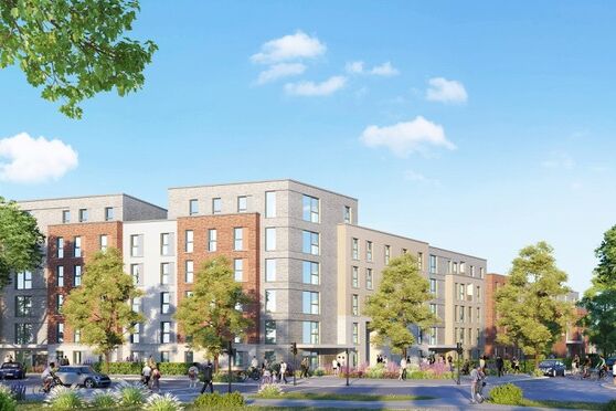 Architekturvisualisierung einer Wohnanlage mit modernen Fassaden, umgeben von Grünflächen. Eine lebendige Darstellung urbanen Lebens.