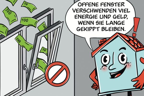 Comicstil-Energiespartipp: Offene Fenster können Geld und Energie verschwenden, wenn sie lange gekippt bleiben. Fenster effektiv schließen, um Kosten zu sparen.