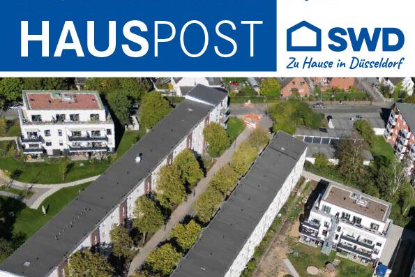 Das Cover der Hauspost-Ausgabe, einer Publikation für die Einwohner von Düsseldorf, zeigt Luftaufnahmen von Wohnblöcken.