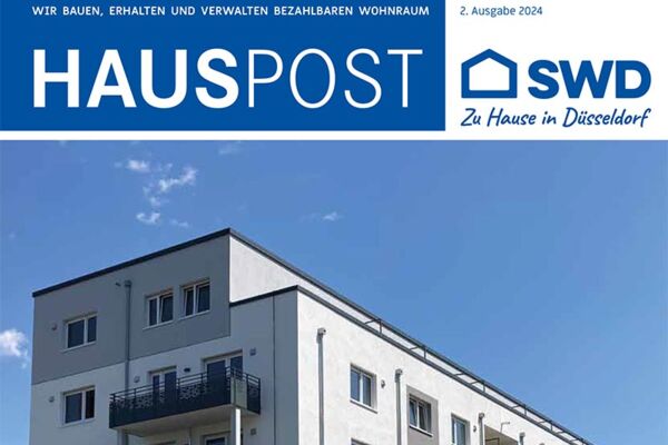 Titelbild der Hauspost-Ausgabe 2/2024 von SWD, das ein modernes Gebäude in klaren Linien zeigt. Die Ausgabe enthält Neuigkeiten zu Wohnraumprojekten in Düsseldorf.