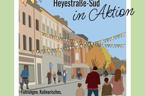 Ein Plakat für einen Aktionstag im Stadtteil Gerresheim-Süd in Düsseldorf, das Aktivitäten wie Führungen und kulinarische Angebote ankündigt.