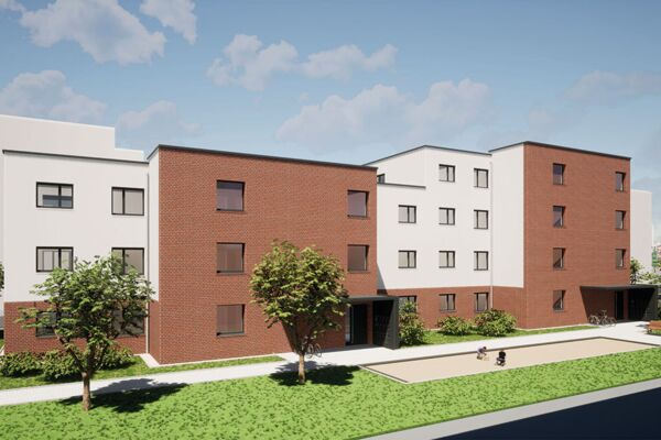 Architektur-Rendering eines geplanten Wohnblocks, das die moderne Wohnraumgestaltung in urbanen Entwicklungsprojekten zeigt.