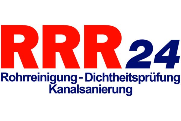 Ein grafisches Logo für RRR24, ein Unternehmen, das Dienstleistungen in den Bereichen Rohrreinigung, Dichtigkeitsprüfung und Kanalsanierung anbietet.