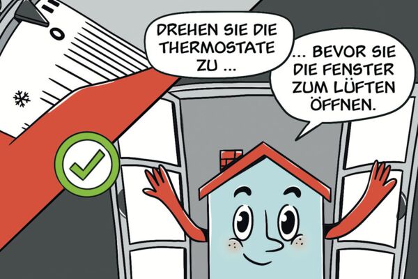 Energiespartipp im Comicstil. Thermostate schließen, bevor man Fenster öffnet, um Heizenergie effizient zu nutzen.