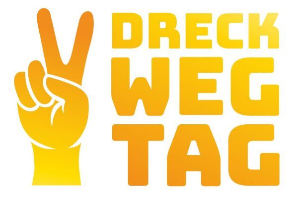 Ein kreatives Logo für einen Umweltschutztag, das mit einer stilisierten Hand, die das Victory-Zeichen zeigt, zum Engagement für Sauberkeit und Umweltschutz aufruft.