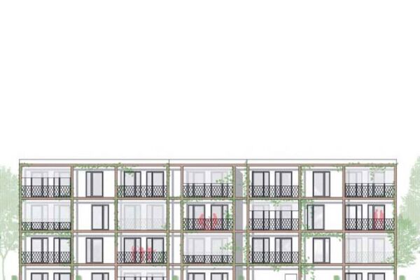Eine architektonische Darstellung eines geplanten modernen Wohngebäudes, das die geplanten Balkonansichten und die Außengestaltung zeigt.