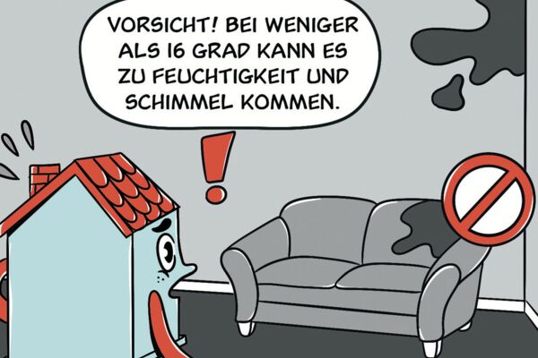 Eine Cartoon-Darstellung, die auf die Gefahr von Schimmelbildung in Räumen mit zu niedrigen Temperaturen hinweist.