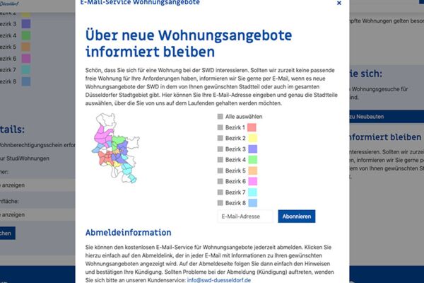 Screenshot einer Webseite, die einen E-Mail-Service zur Information über neue Wohnungsangebote in verschiedenen Stadtbezirken anbietet.