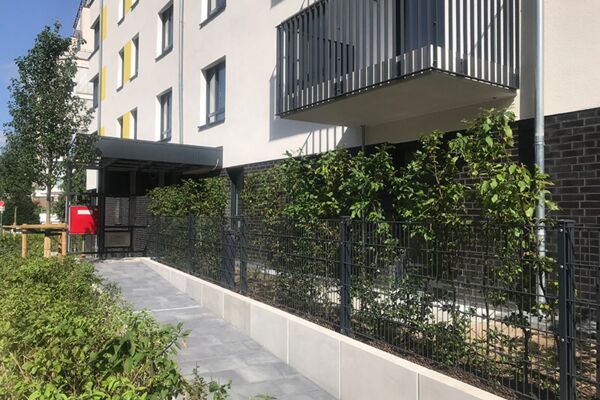 Eingangsbereich eines modernen Wohngebäudes mit angelegtem Garten und Fahrradabstellplätzen.