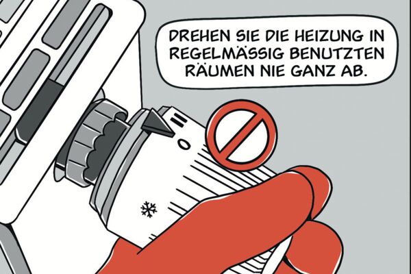 Ein Comic-Bild, das zeigt, wie man die Heizung richtig einstellt, um Feuchtigkeitsschäden zu vermeiden, mit einer kurzen Warnung.