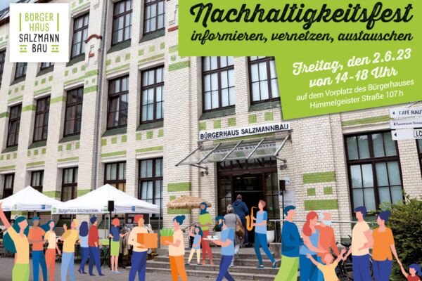 Eine bunte Illustration eines Nachhaltigkeitsfestes, das zum Informieren und Vernetzen einlädt, mit dem historischen Bürgerhaus im Hintergrund.