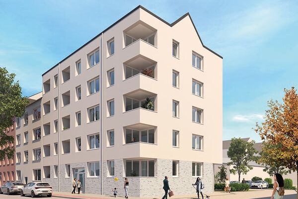 Visualisierung eines Neubaus in moderner Architektur, mit hellen Fassaden und funktionellen Balkonen. Das Bild vermittelt urbanes Wohnen in einer einladenden Nachbarschaft.
