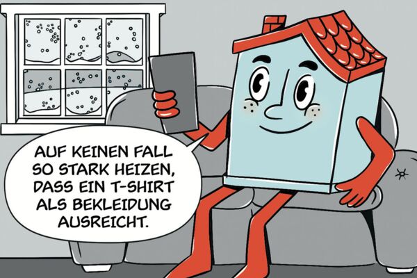 Comicstil-Tipp, um Heizenergie zu sparen: Das Haus rät, nicht so stark zu heizen, dass ein T-Shirt ausreicht, um sich wohlzufühlen.