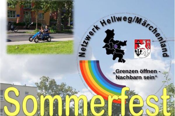 Flyer für ein Sommerfest mit bunten Illustrationen und einem Motto, das Nachbarschaft und Zusammenhalt betont. Ein fröhliches Event für Familien und Freunde.