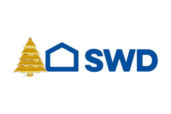 SWD-Logo mit einer weihnachtlichen Note, verziert mit einem stilisierten, goldenen Weihnachtsbaum. Perfekt geeignet für festliche Grüße und saisonale Kampagnen.