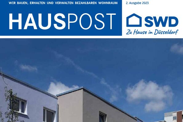 Titelbild der Hauspost-Ausgabe 2/2023 von SWD mit einem modernen Mehrfamilienhaus und wichtigen Themen.