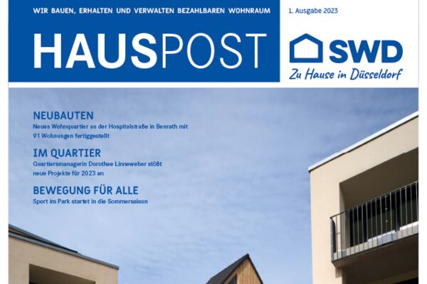 Titelbild der Hauspost-Ausgabe 1/2023 von SWD mit einem modernen Mehrfamilienhaus und wichtigen Themen.