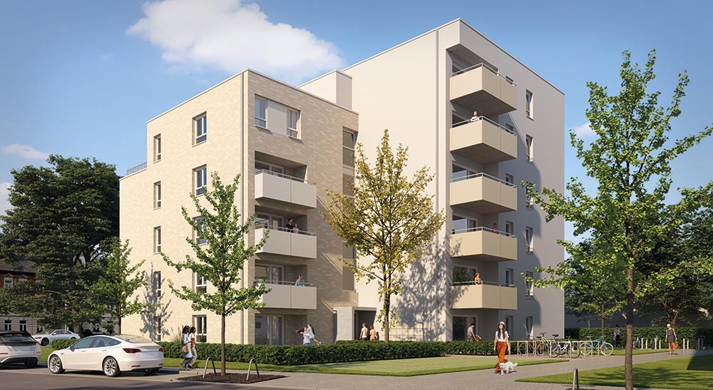 Ein zeitgenössisches Wohngebäude mit Eckbalkonen und einer hellen Fassade. Das Gebäude ist in einer lebhaften Straßenecke positioniert, was es zu einem attraktiven Wohnort in der Stadt macht.