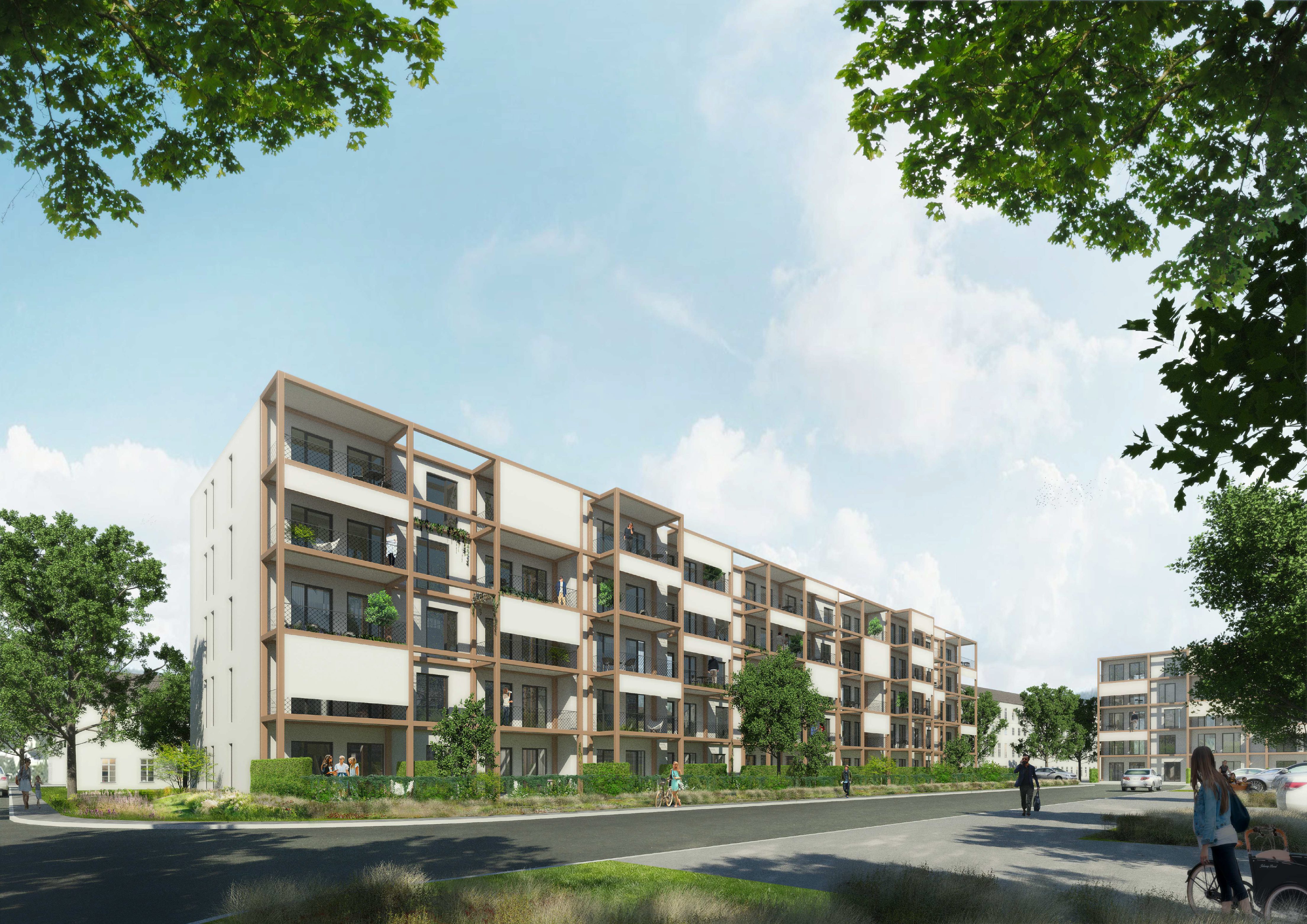 Architektonische Visualisierung eines stilvollen Wohnkomplexes in einer städtischen Umgebung, hervorgehoben durch moderne Designelemente und üppiges Grün.