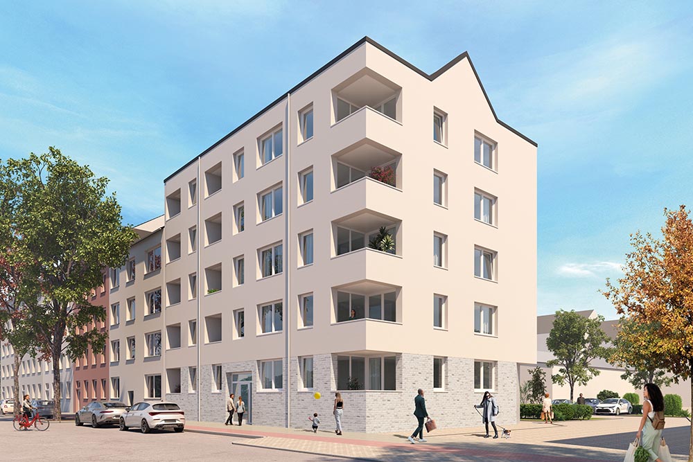 Architekturvisualisierung eines modernen mehrstöckigen Wohngebäudes in einer belebten städtischen Umgebung, charakterisiert durch seine klare weiße Fassade und geräumige Balkone, die das urbane Leben reflektieren.