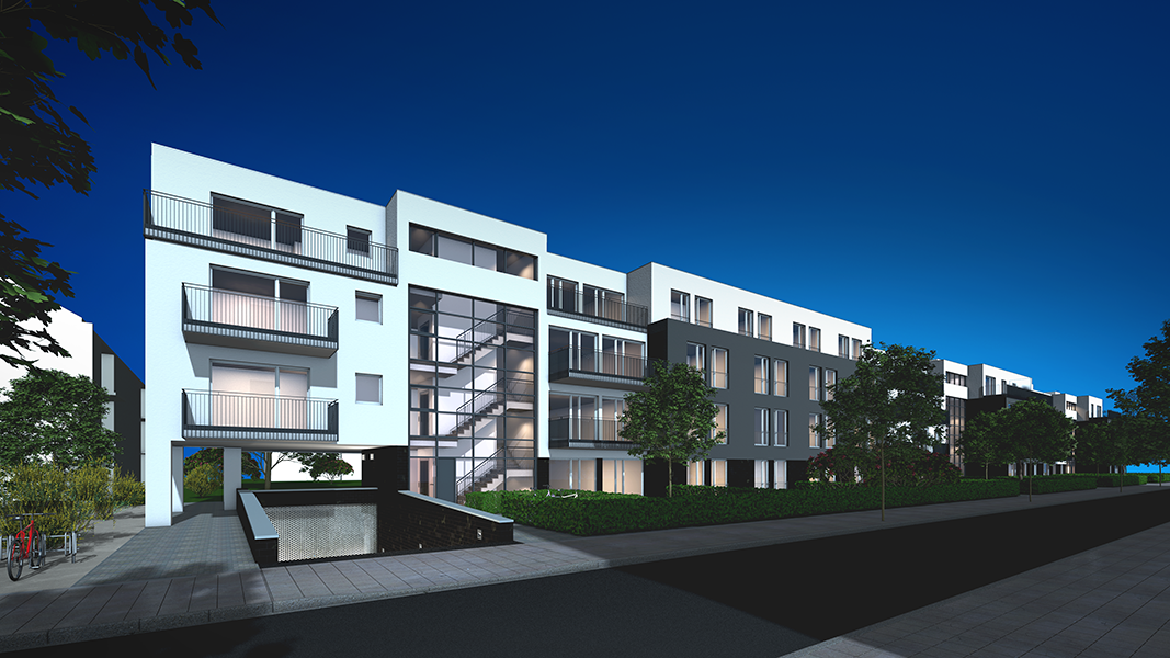 Eindrucksvolle Nachtaufnahme eines modernen Wohnkomplexes mit beleuchteten Balkonen und einer gläsernen Eingangsfassade, die urbanen Wohnraum in einem zeitgenössischen Design zeigt.