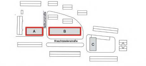 Übersichtsplan eines Stadtblocks, der drei Gebäudekomplexe (A, B, C) zeigt, gelegen an einer Hauptstraße, ideal für Stadtplanungsübersichten oder Immobilienpräsentationen.