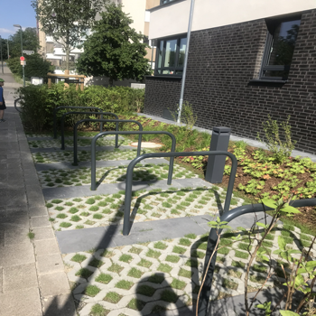 Fahrradständer in einem modernen Wohngebiet, eingebettet in eine Grünanlage mit gepflastertem Boden. Nachhaltige Gestaltungselemente sind gut sichtbar.